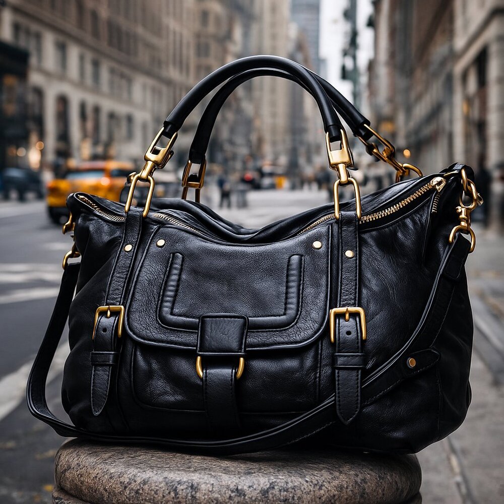 ✨ BOTKIER Black Leather Satchel — Brass Hardware, Buckle Detail, Key Leash